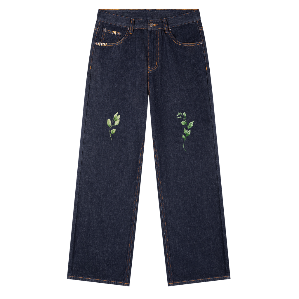 Jeans,Denim,Blue,Pants,Blå olabukser,Vedoy Collective ,Leaf Collection ,Nature print,Spring clothing ideas,Cotton